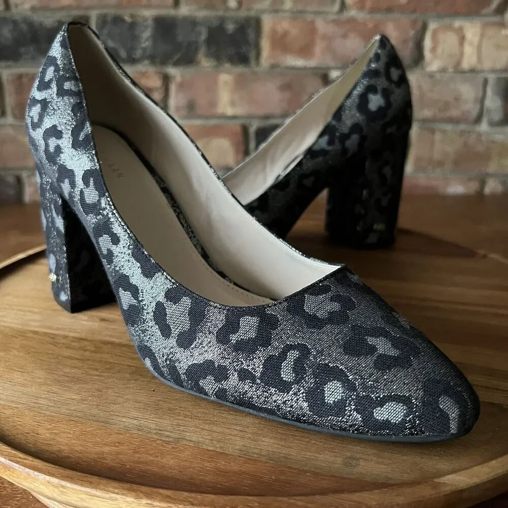 Cole Haan Alanna Brocade Pumps II Black Silver Leopard Block Heels Womens 9 B